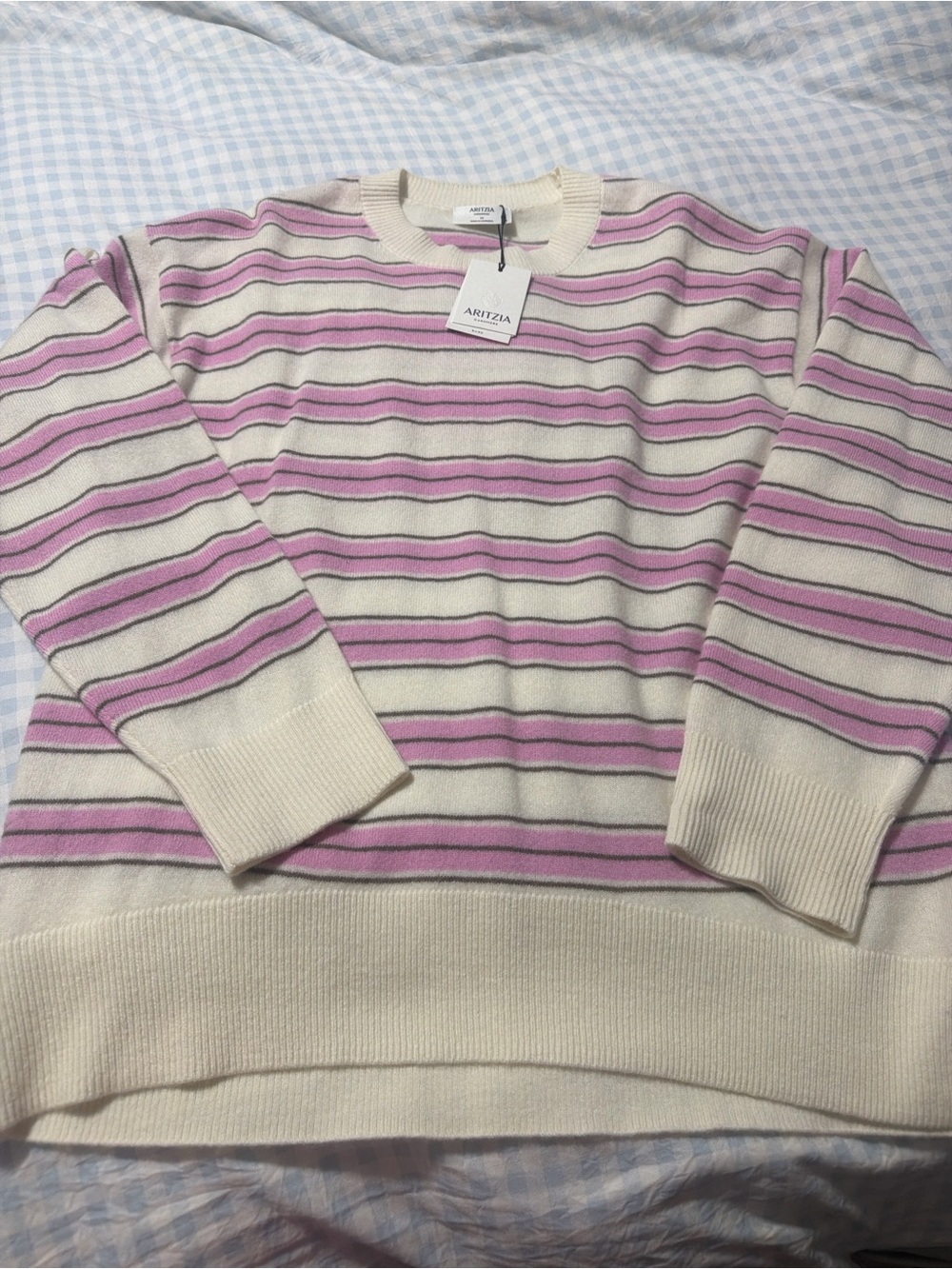 Aritzia Cream, Pink & brown Striped Cashmere Crewneck